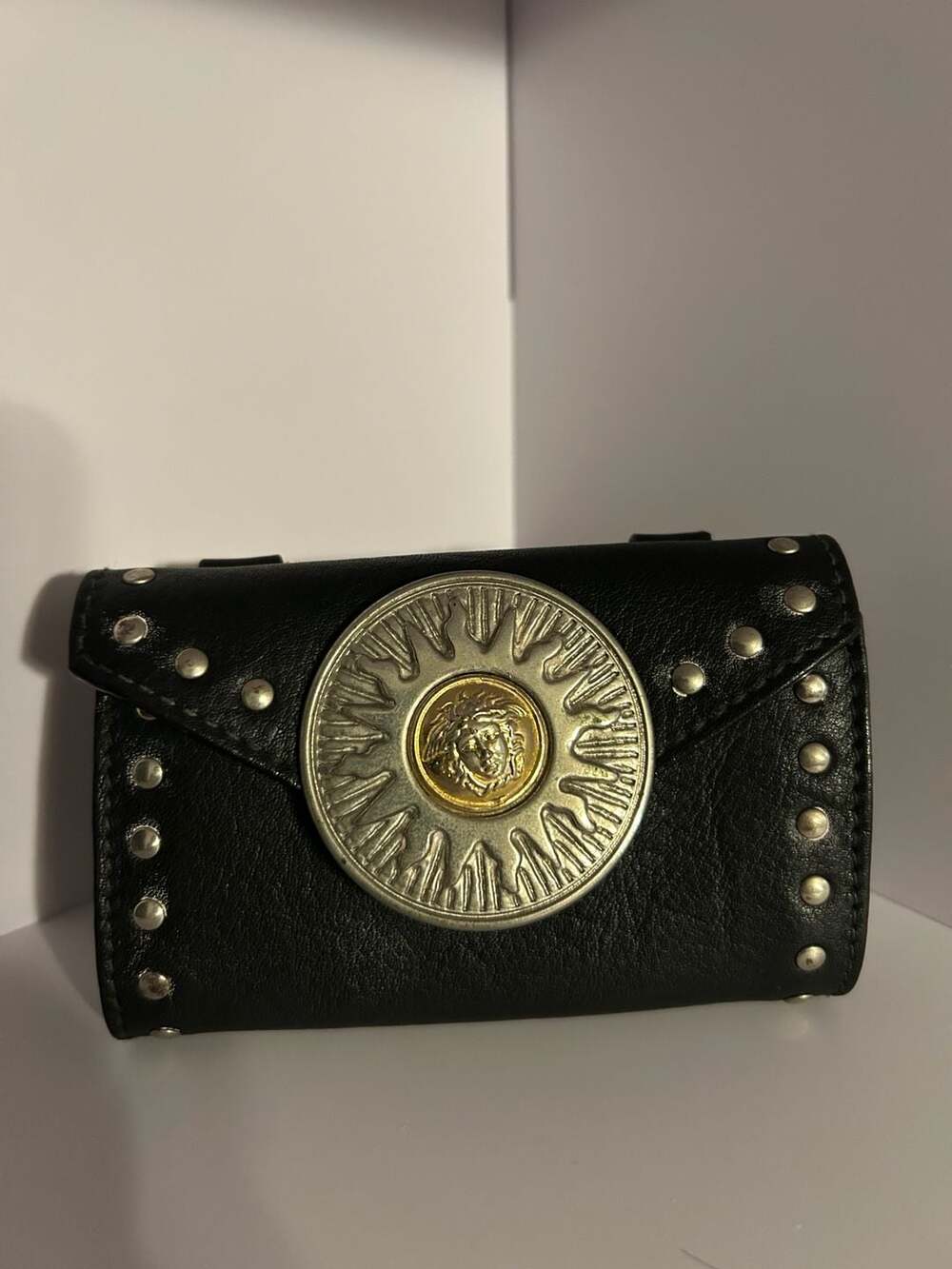 Vintage Gianni Versace F/W 1994 Studded Black Leather Mini Belt Bag with Medusa